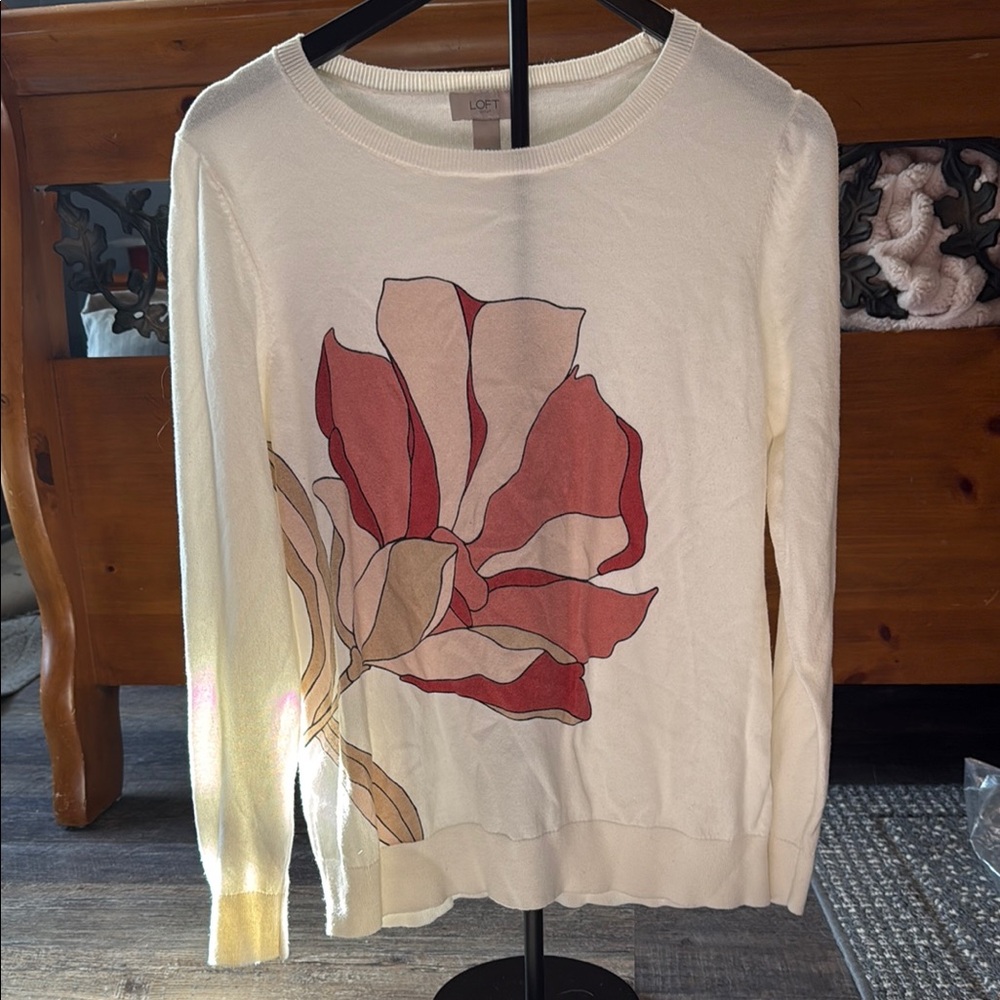 LOFT Cream Sweater with Red Floral Design